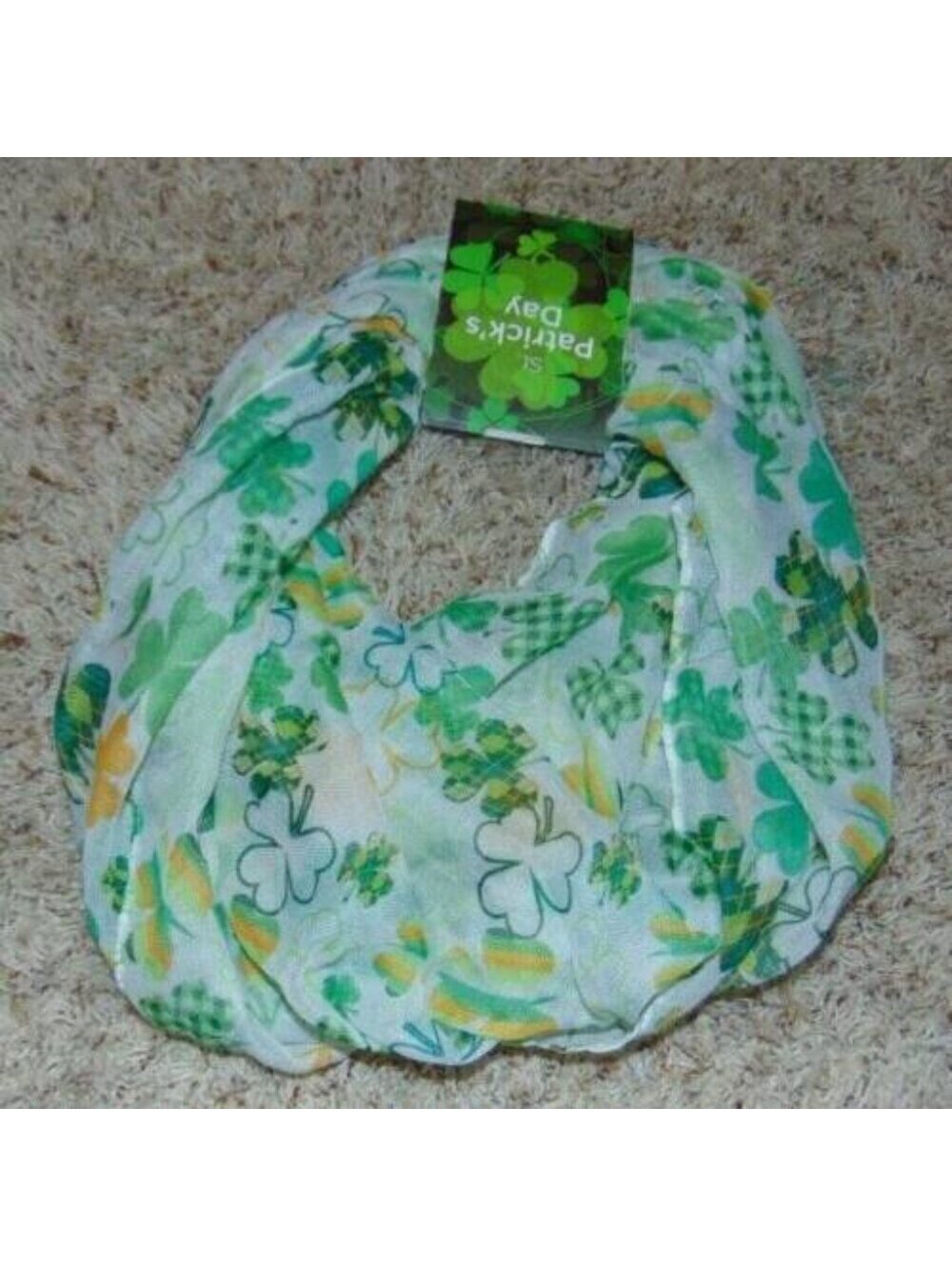 Womens St. Patricks Day Neck Scarf Green White Shamrock Satiny
